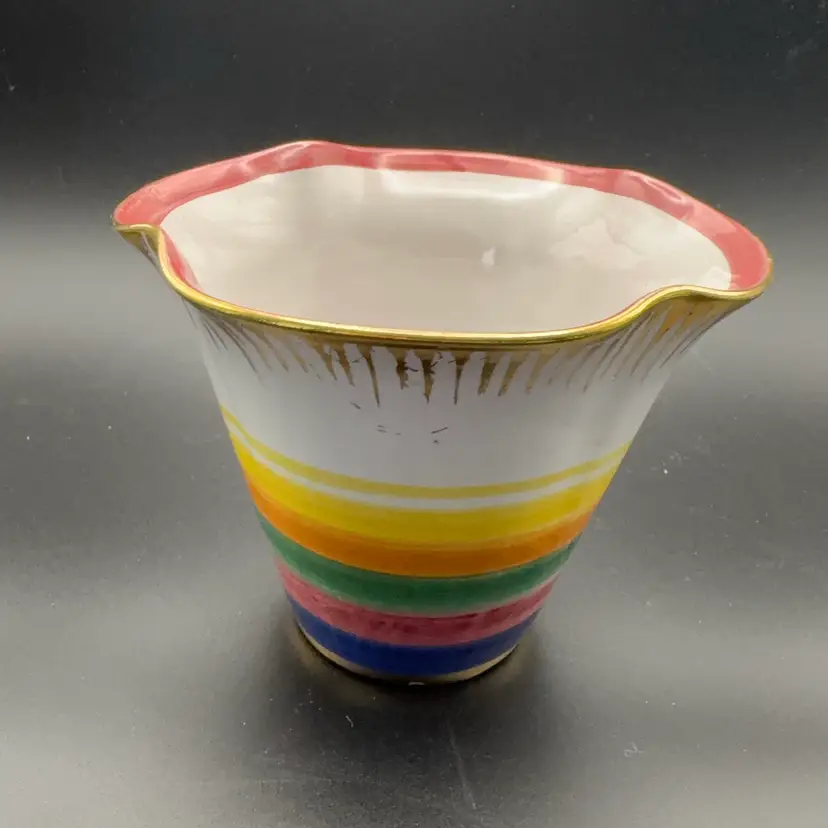 #01 - Vintage Hand-Painted Italian Pottery Rainbow Bowl - Mid-Century Scalloped Gold Trim - Marked ASS/82/A - 4.5"