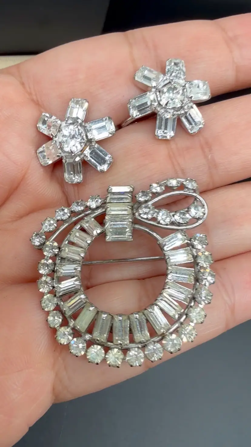 Carl-Art 925 Sterling Silver Demi-Parure Rhinestone Earrings And Brooch/Pendant