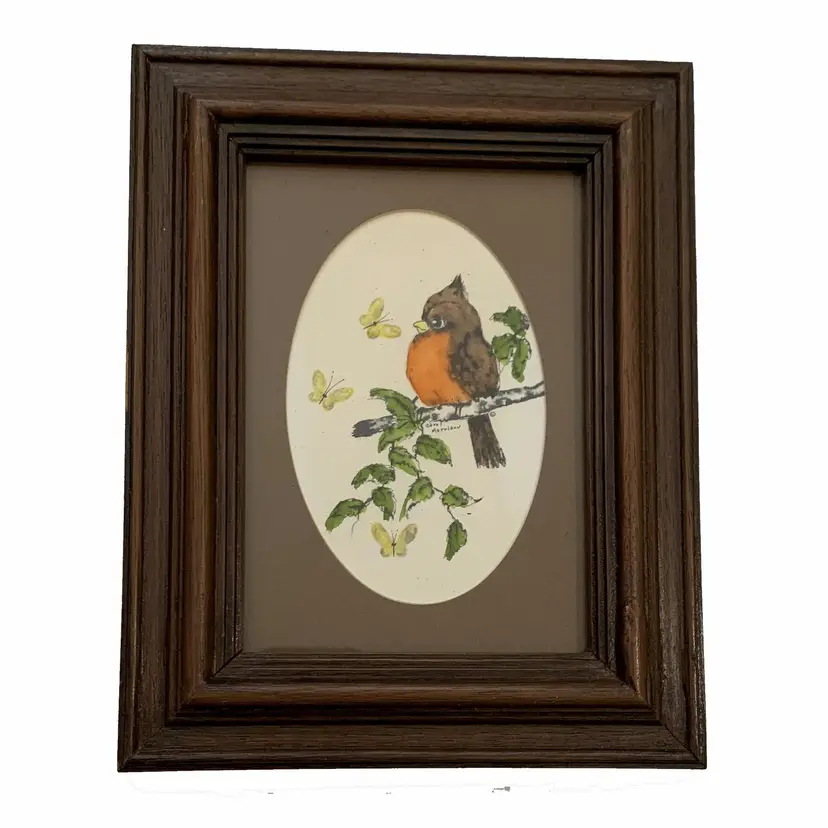 Carol Morrison Signed Bird Watercolor Matted Framed Cottage Core Vintage