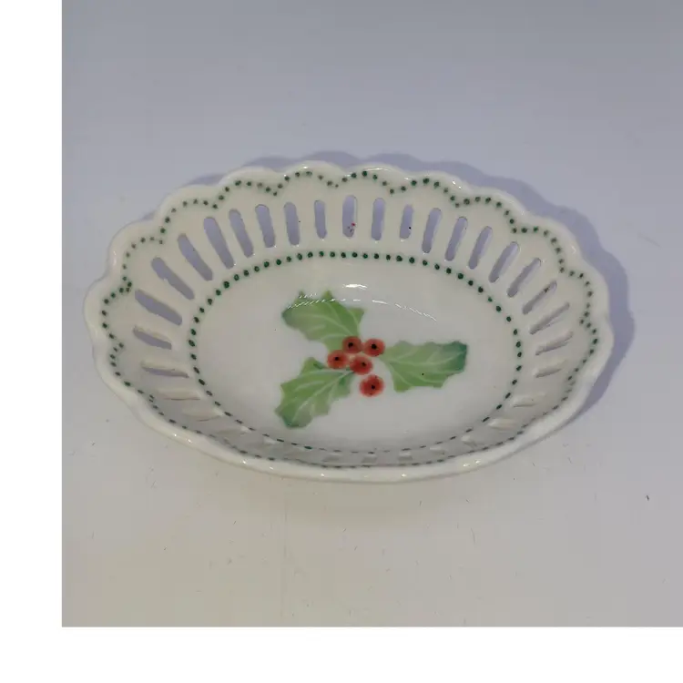 Andrea by Sadek Small Oval Trinket Dish Reticulated White With Holly Christmas