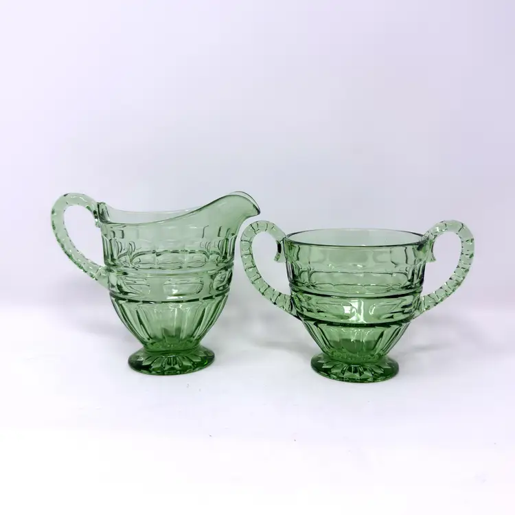 Fostoria Hermitage Green Uranium Glass Creamer and Sugar Set – 1930s Depression Glass, Glows  (0320-25)