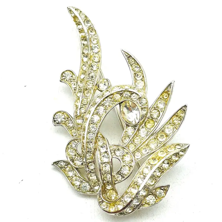 ORA Rhinestone Brooch Silver Tone Leaf Swirl Vintage 1950s Signed 11962