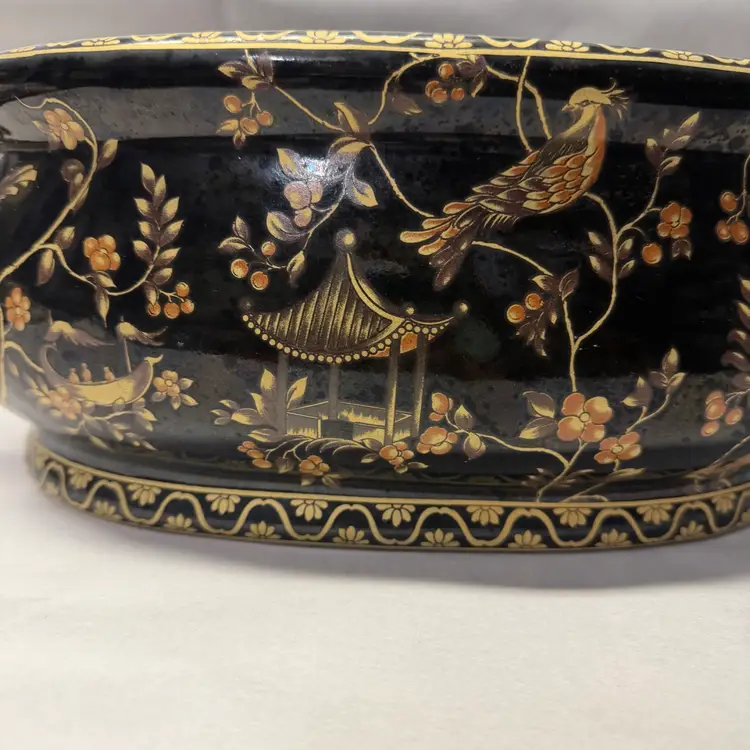 Vintage Large Chinese Black & Gold Satsuma Foot Bath Planter Pot Birds & Florals