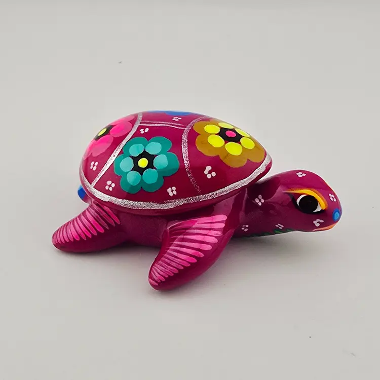 Pink Mexico Tonola Hand Painted Turtle Trinket Box