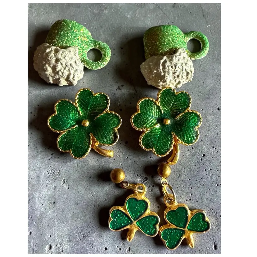 3 Pair Of Luck Irish Silver & Gold Tone Pierced Earrings