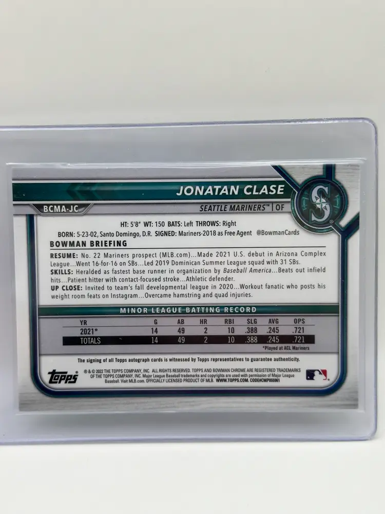 Jonathan Clase 2022 Bowman Chrome Green Mojo Auto Refractor /99