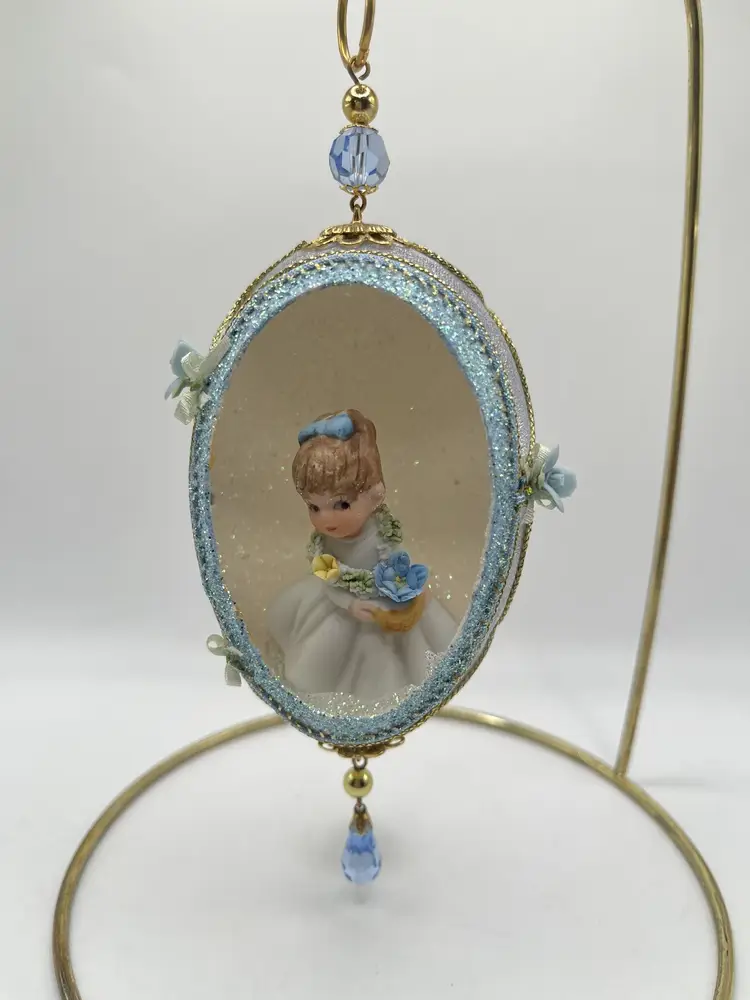 Vintage Christmas Handcrafted Lg Egg Diorama Pastel Blue Girl Figurine Ornament
