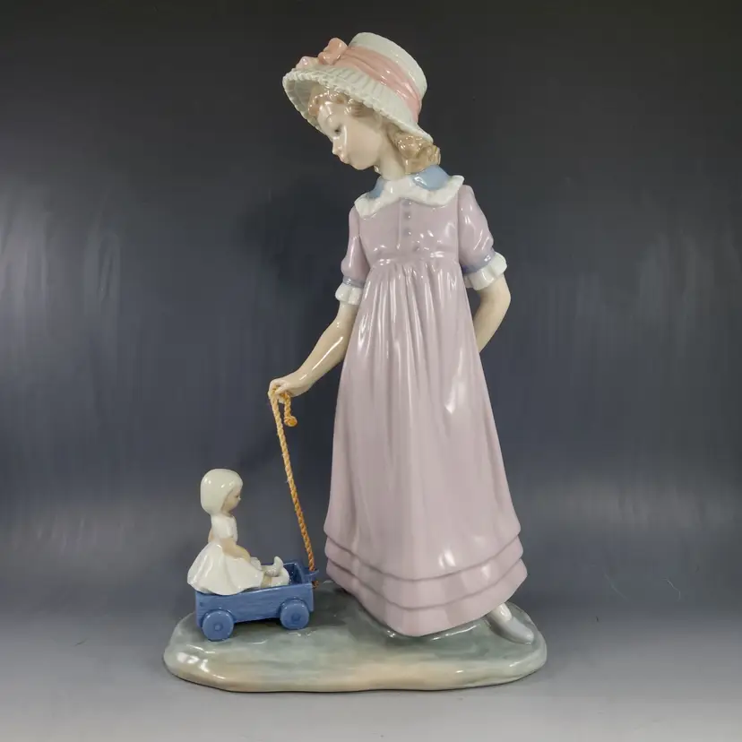 Lladro Figurine #5044 Girl with Toy Wagon / Pulling Dolls Carriage Large 11" 1980s