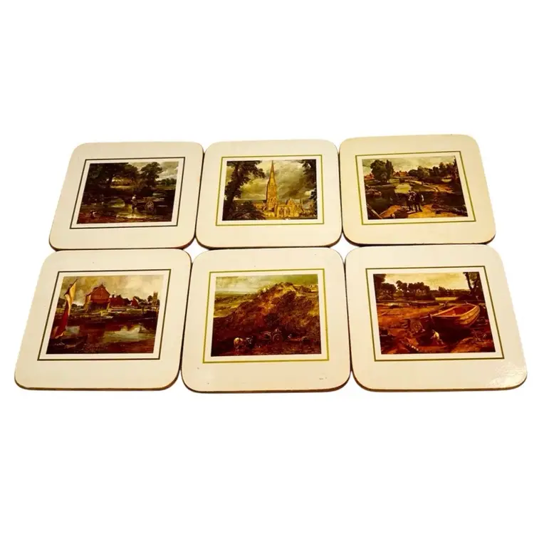 VINTAGE ART COASTERS
By Cloverleaf
England United Kingdom

Barware Countryside Sail Boat 
Mill Church Wagon