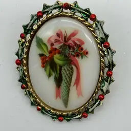 Christmas Pin Brooch 2" Milk Glass Oval