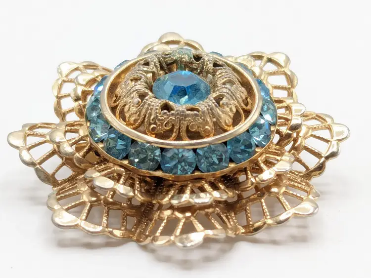 Blue Rhinestone Gold Tone Filigree Brooch Pin