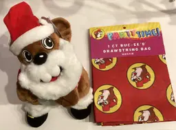 SANTA BUC-EE'S CHRISTMAS PLUSH STUFFED TOY and Fabric 30X41 Inch Gift Bag LOT