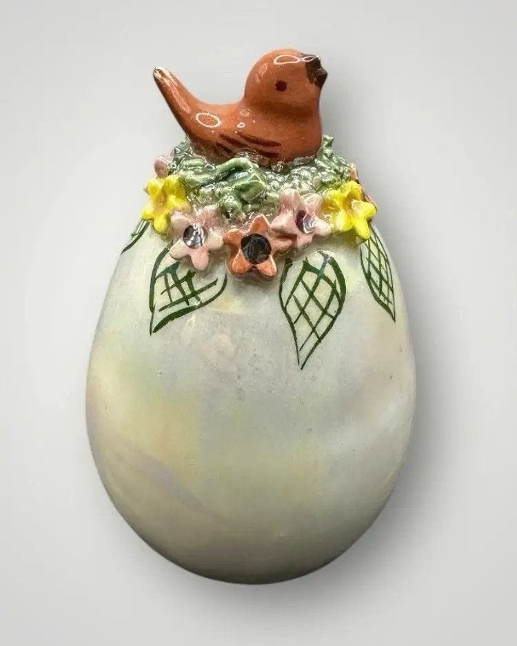 Handpainted Delicate Porcelain Egg With Bird Iridescent Florals Signed Cheeseman
