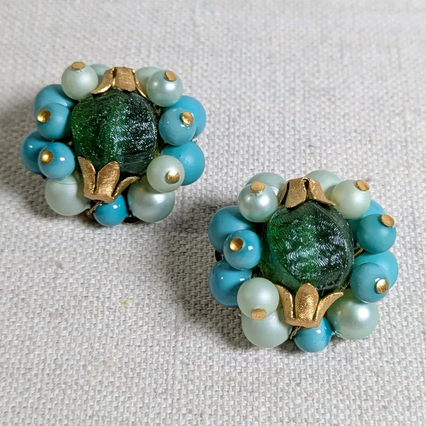 Beaded Cluster Bauble MCM Green Teal Clip On Earrings