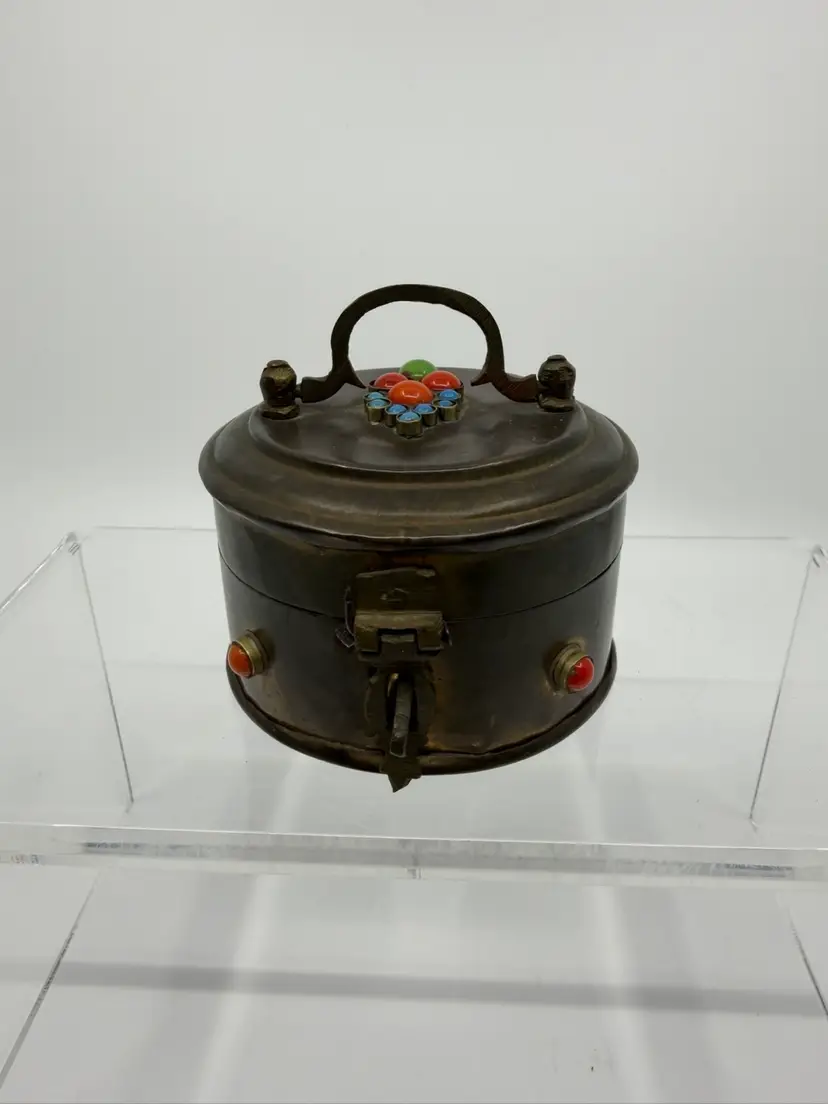 Vintage India Blue & Coral Stones Brass Hinged Lid Trinket Box 3”