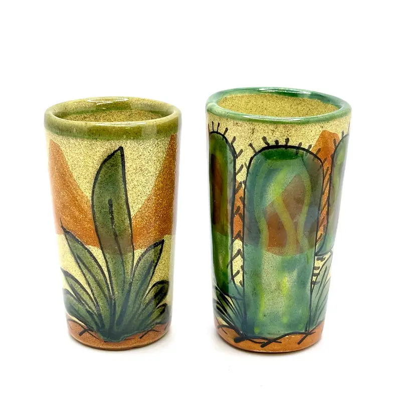 Pair Of Mexican Pottery Shot Glasses 3.5”
