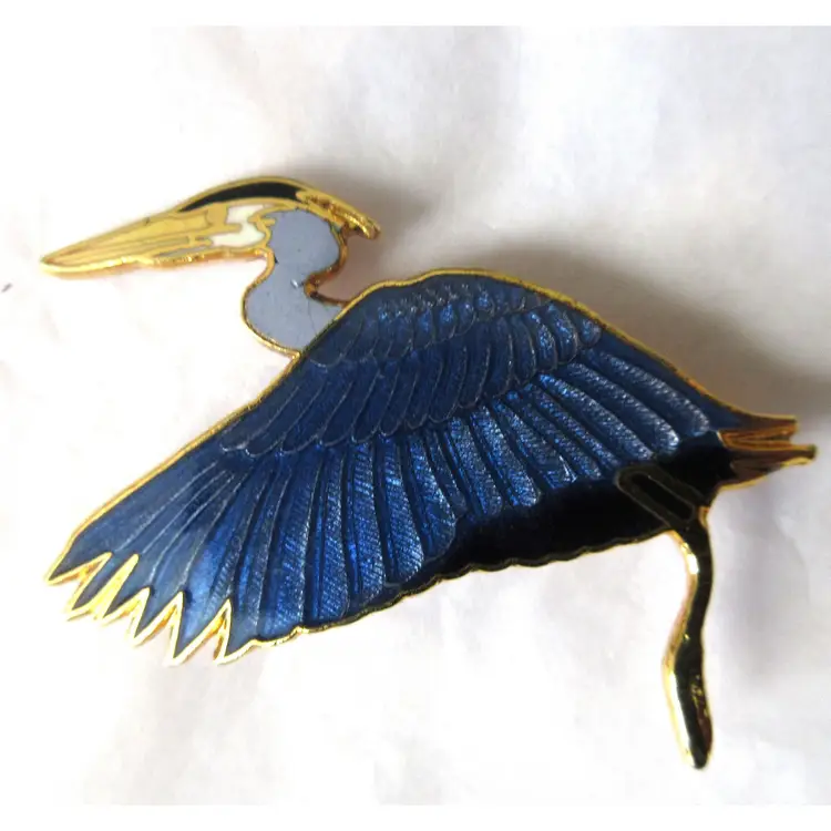 Vintage WM Spear Enamel on Gold tone Metal Great Blue Heron Bird Figural Brooch Pin Signed  1988 - 1.5 Inches Wide