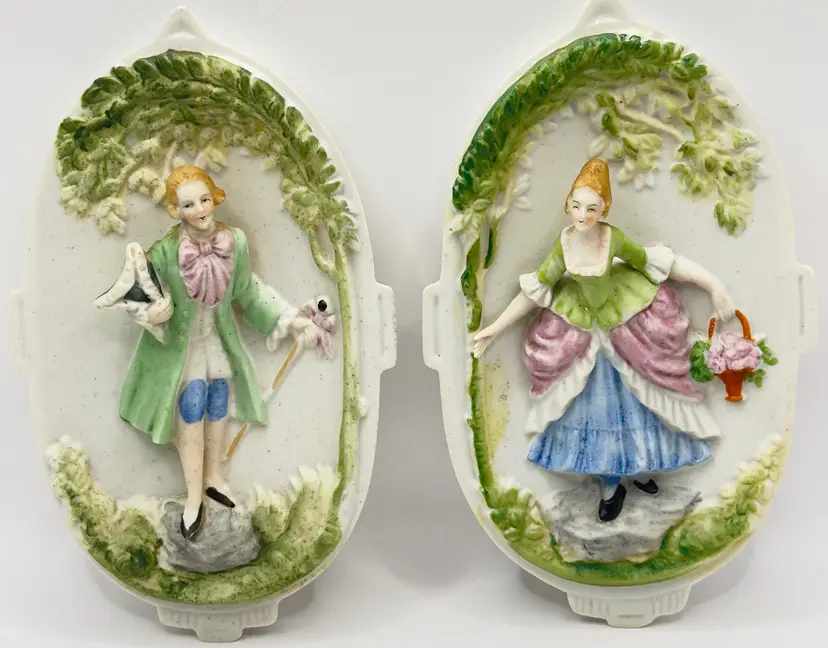 Vintage 1940’s Victorian Colonial Couple 3D Bisque Porcelain Wall Plaques, Hand-painted, Set of 2, By Chase, Made in Occupied Japan