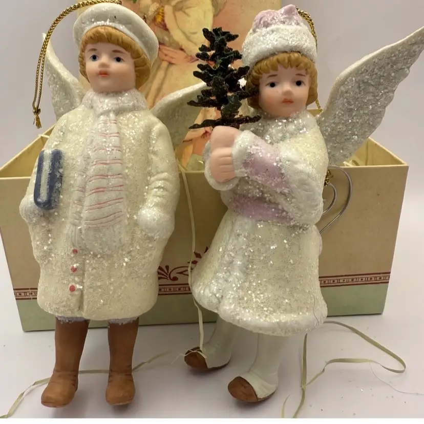 Victorian Style Boy And Girl Angel Porcelain Christmas Ornaments