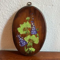 Vintage Hand Painted Lilac Wooden Wall Plaque Floral Gallery Wall Signed Carol