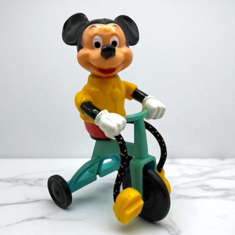 1977 Vintage Mickey Disney Plastic Gabriel Action Toy on Tricycle 5" tall