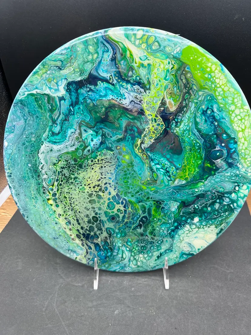 Original Artwork Acrylic Pour On 33 Record Resin Sealed. Earthy/Planetary Shades Of Blues And Greens - Lots Of Cells