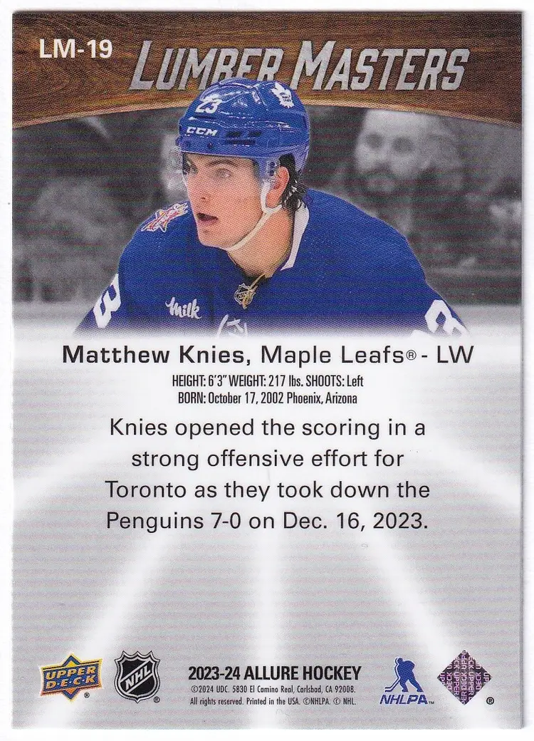 2023-24 Upper Deck Allure Lumber Masters #LM19 Matthew Knies Toronto Maple Leafs Hockey Card