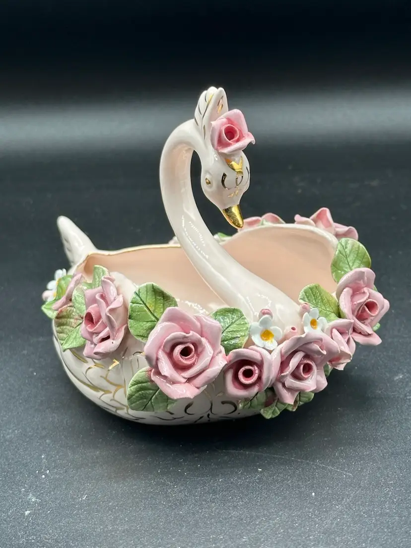 Wildwood Pasadena Ceramics Swan Applied Flowers Planter Candy Dish USA
