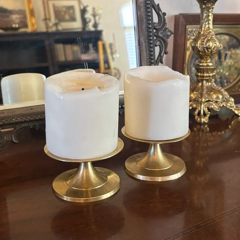 Vintage Solid Brass Short Pillar Candle Holder Pair