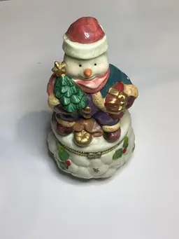 Ceramic 5" Christmas Snowman Trinket Box Figurine Two Minor Chips See Pictures