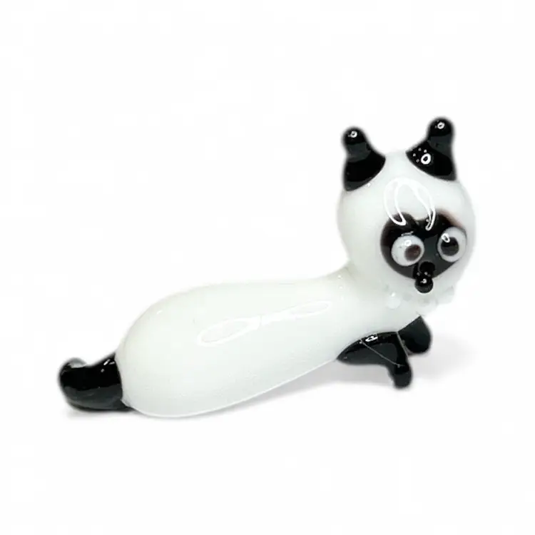 Mini Handblown Derpy White And Black Cat Art Glass Figurine And Christmas Stocking