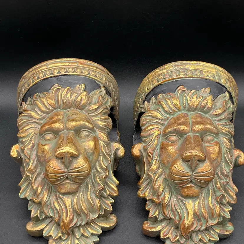 Pair Of Stunning Black & Brushed Gold Resin Lion Bust Wall Sconces With Rod Holder 6.75” 🦁