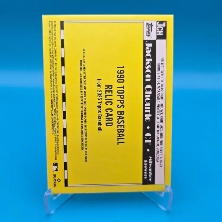 Jackson Chourio 2023 Topps Series 1 1990 Topps Player-Worn Memorabilia Relic Card Milwaukee Brewers