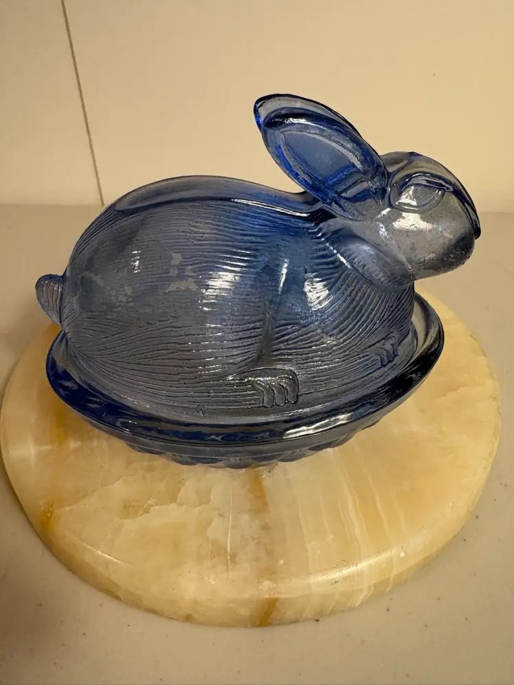 Blue Glass Rabbit Bunny Trinket Box / Candy Dish