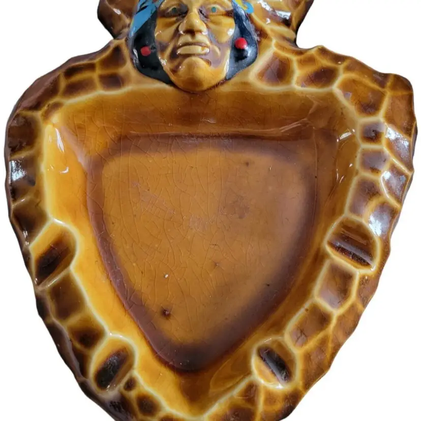 Ceramic Southwest Native American Indian Arrow Head Ash Tray Navajo Cherokee Felt Bottom Vtg