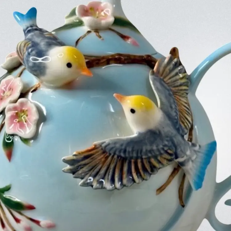 Retired Pier 1 Imports 3D Bird & Cherry Blossom Porcelain Tea Set Hand-Painted 
Set Includes 7” Teapot-3.25” Sugar Bowl with Lid & Spoon- 3.5” T Creamer