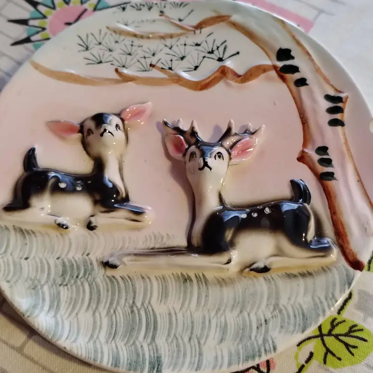 Vintage Pair of Deer Wall Pockets | Darling Spotted Deer Under a Tree | Set of Two Matching Plate Shaped Planters or Vases | 1960s Made in Japan