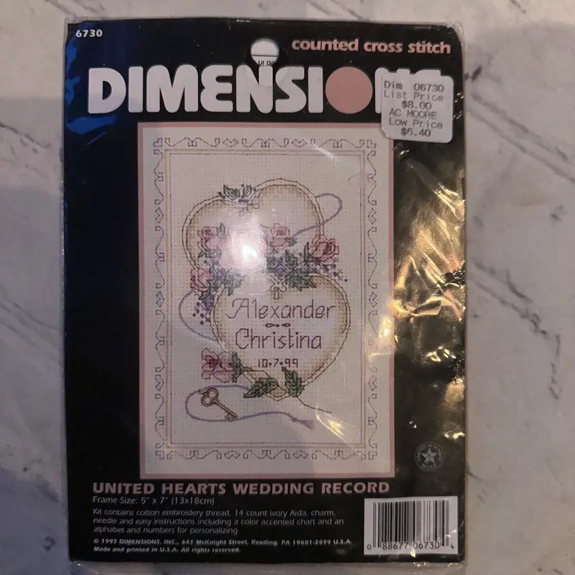 Vintage 1997 Sealed Dimensions United Hearts Wedding Record Cross Stitch Kit