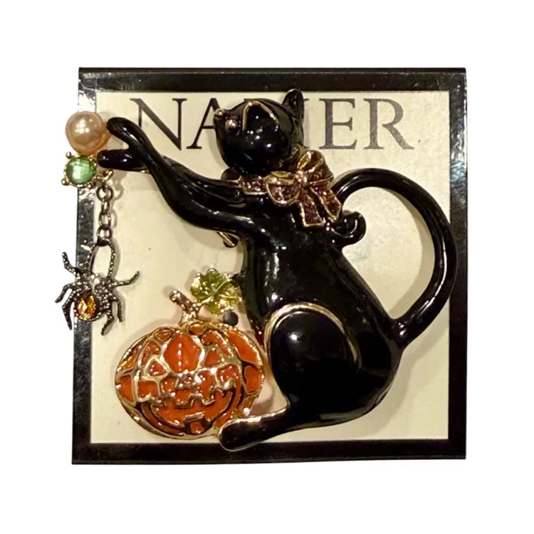 Napier Black Cat W/ Dangling Spider & Pumpkin Faux Pearl Brooch 2” NOS