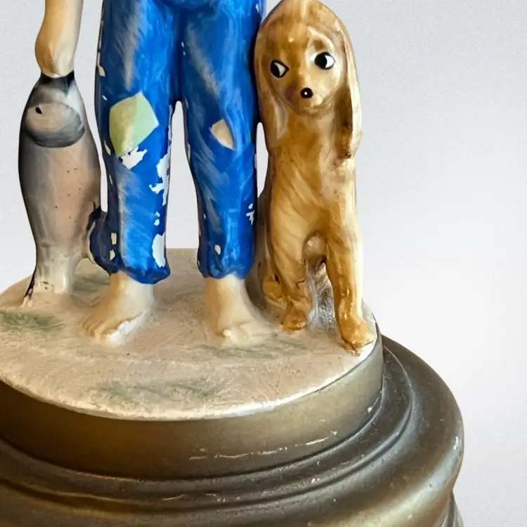 Schmid Music Box Boy With Dog And Fish Plays “Happy Wanderer” Japan 7.5”