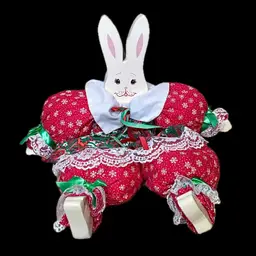 Vintage Wood Bunny Rabbit with Fabric Plush Body Red Green Christmas Kitsch Fun