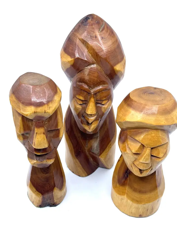 Rare Rustic Wood Hand Carvings 80’s Bahamian Folk Art Tiki Sculpture Set of 3