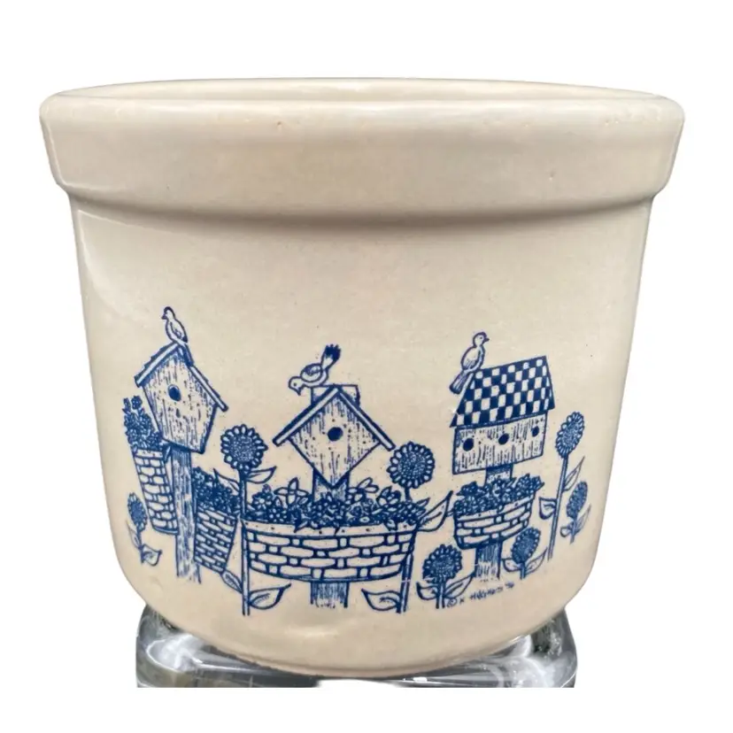 Vintage Robinson Ransbottom Pottery Co. 1 Pint Low Crock with Birds & their houses