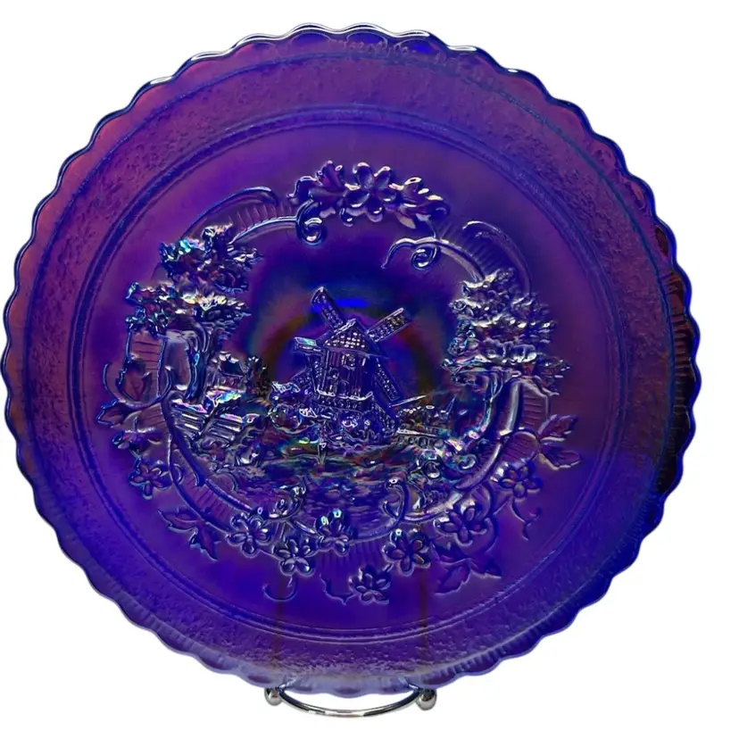 Vintage Imperial Glass Cobalt Blue Carnival Glass Plate Featuring Raised Windmill Scene @9 1/2” Diameter