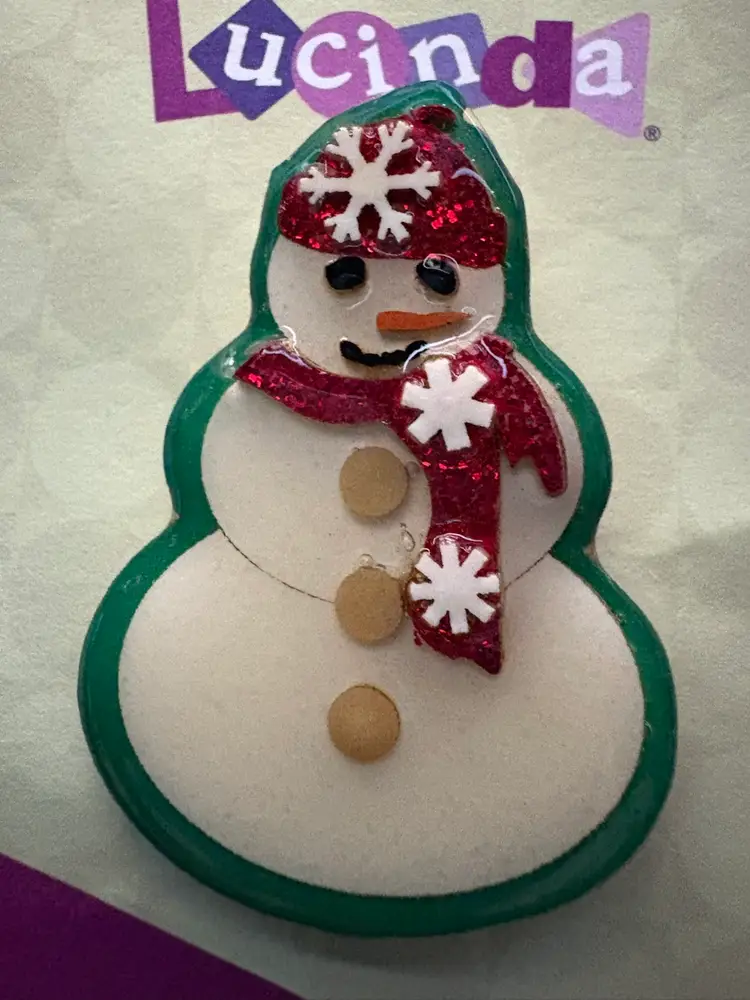 Designs By Lucinda ~ Vintage SNOWMAN Pin / Brooch  ~ Green Background With Glittery Red Hat And Scarf ☃️