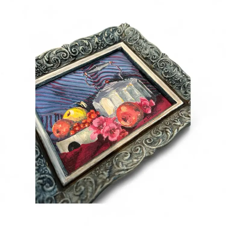 Bluish White Wood Framed Mini Hand Painted Still Life Of Teapot And Fruit