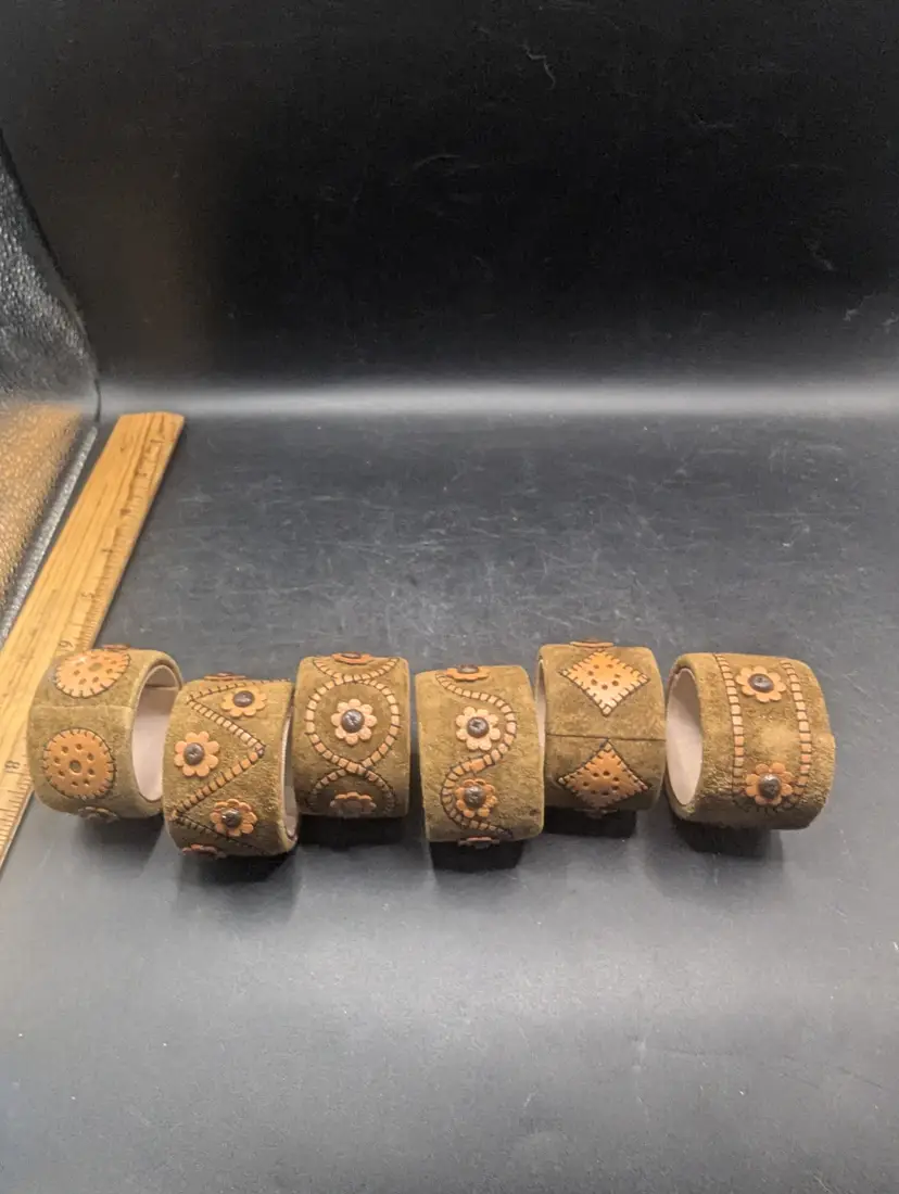 Vintage Handcrafted Floral Brown Suede Leather Napkin Rings Set of 6 Retro Boho