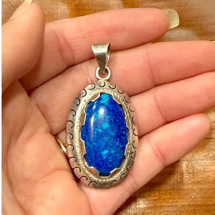 Vintage Sterling Silver Mexico Blue Green Azurite 2” Pendant, 9.8g