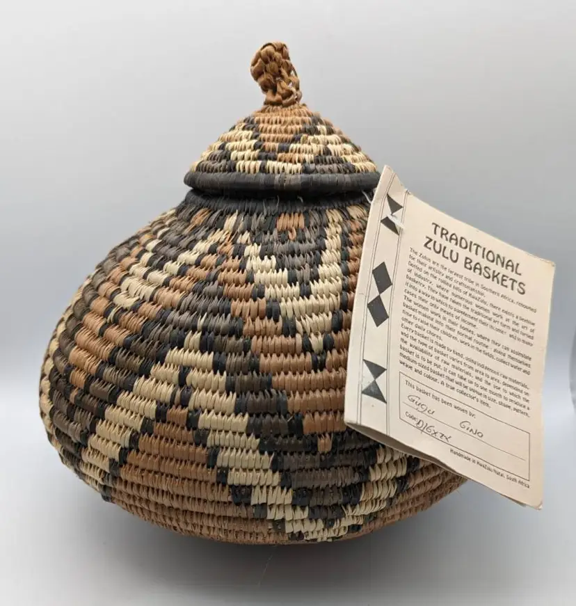 African Zulu Handwoven Tribal Pattern Lidded Basket Approx. 9 Diameter with tag