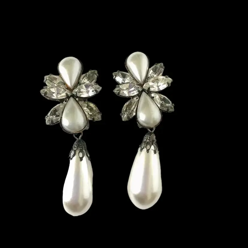 1970s Rhinestone Dangle Earrings Long Faux Pearl Clip